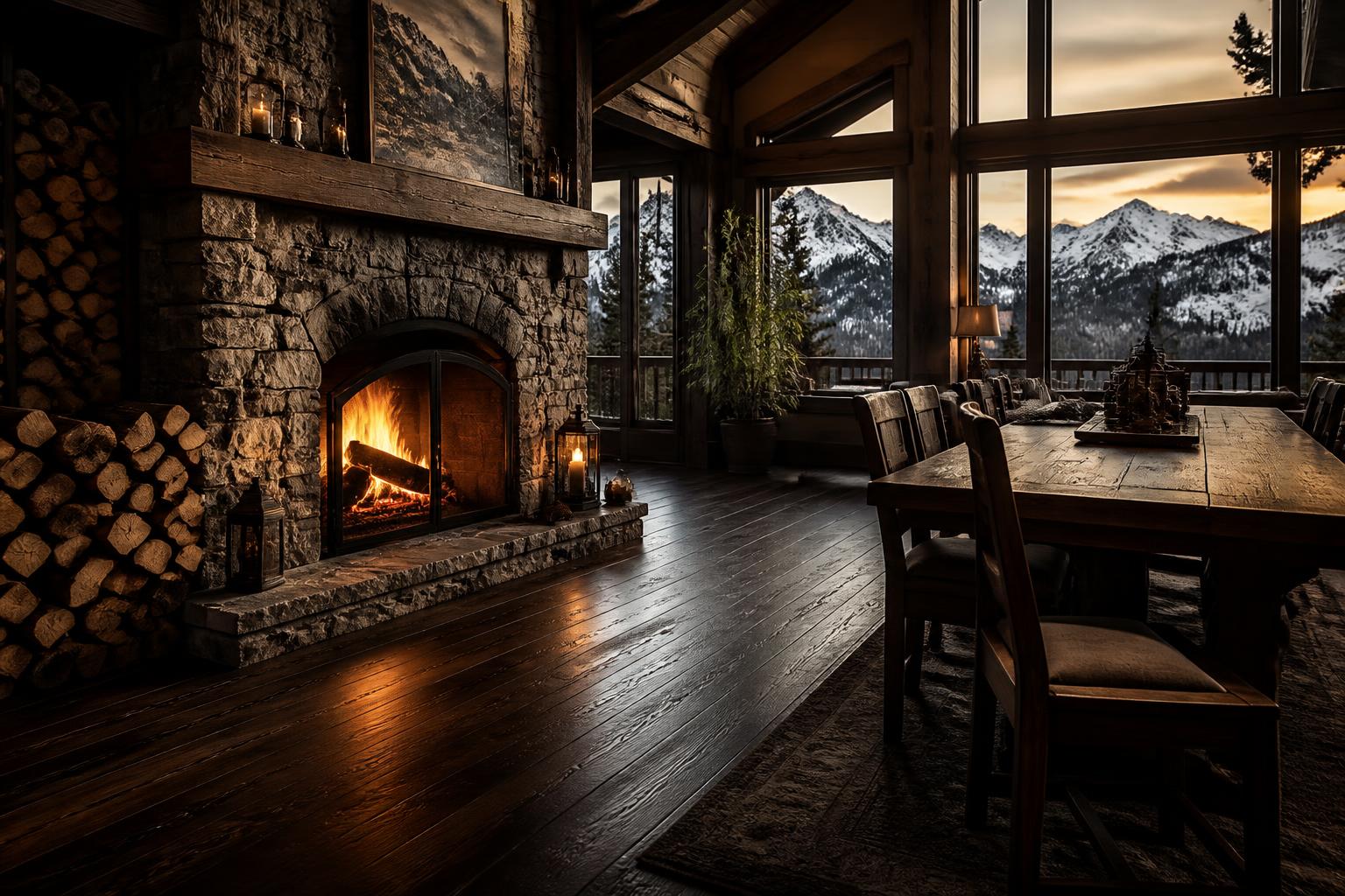 Montana cabin great room with stone fireplace, hardwood floors and mountain views